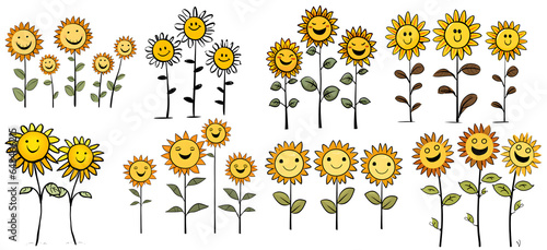 set of sunflowers on transparent background, png, generated ai