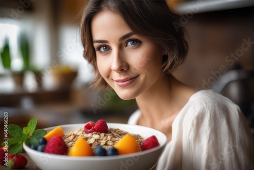 woman eating muesli with fruits