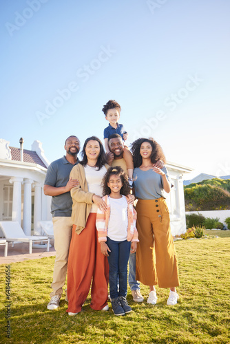 Kids, grandparents and parents outdoor at a house laughing together on funny vacation in summer. Interracial family at a holiday home with happiness of men, women and children for generation portrait