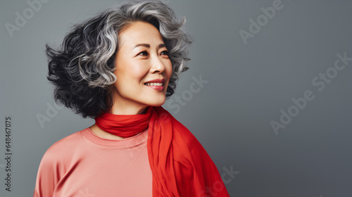 The studio portrait features a gracefully aging Asian woman beaming with a broad smile..