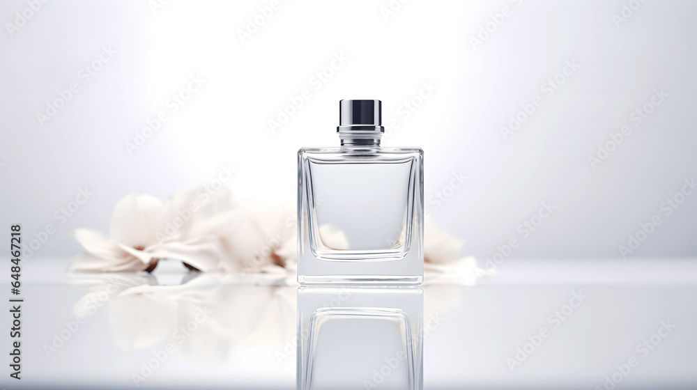 Perfume bottle on a glass mirror white background Perfume bottle on a glass mirror white background