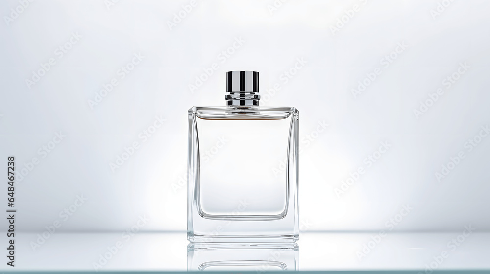 Perfume bottle on a glass mirror white background Perfume bottle on a glass mirror white background