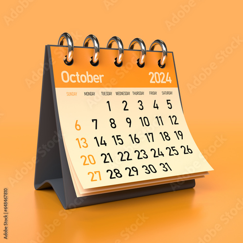 October 2024 Calendar. Isolated on Orange Background. 3D Illustration