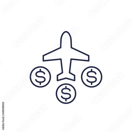 Flight cost line icon with an airplane