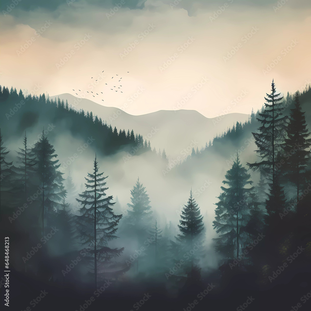 Misty landscape with fir forest in hipster vintage retro style, Generative AI, Generativ, KI	