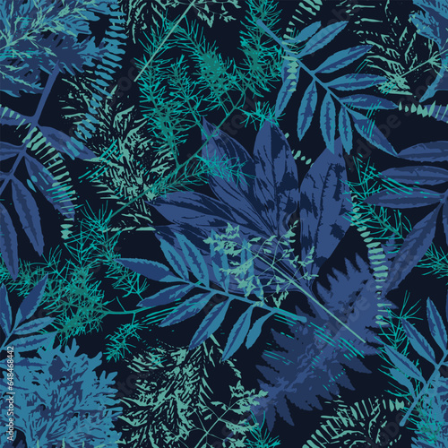 Camouflage blue pattern with leaves, foliage grass
