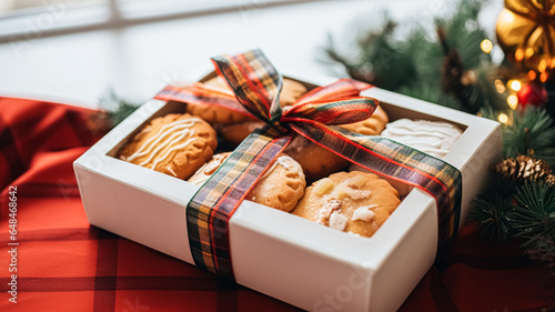 Christmas biscuits, holiday biscuit gift box and home bakes, winter holidays present for English country tea in the cottage, homemade shortbread and baking recipe © Anneleven