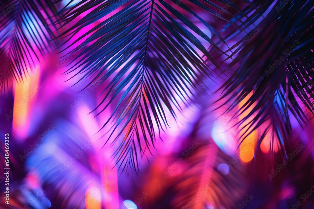 Blurry neon palm leaf silhouettes in the background. Generative AI