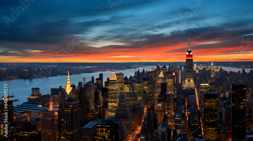 An aerial panorama of New York City at dusk  capturing the iconic skyline including the Empire State Building  One World Trade Center  and Central Park amidst the vast array of buildings.