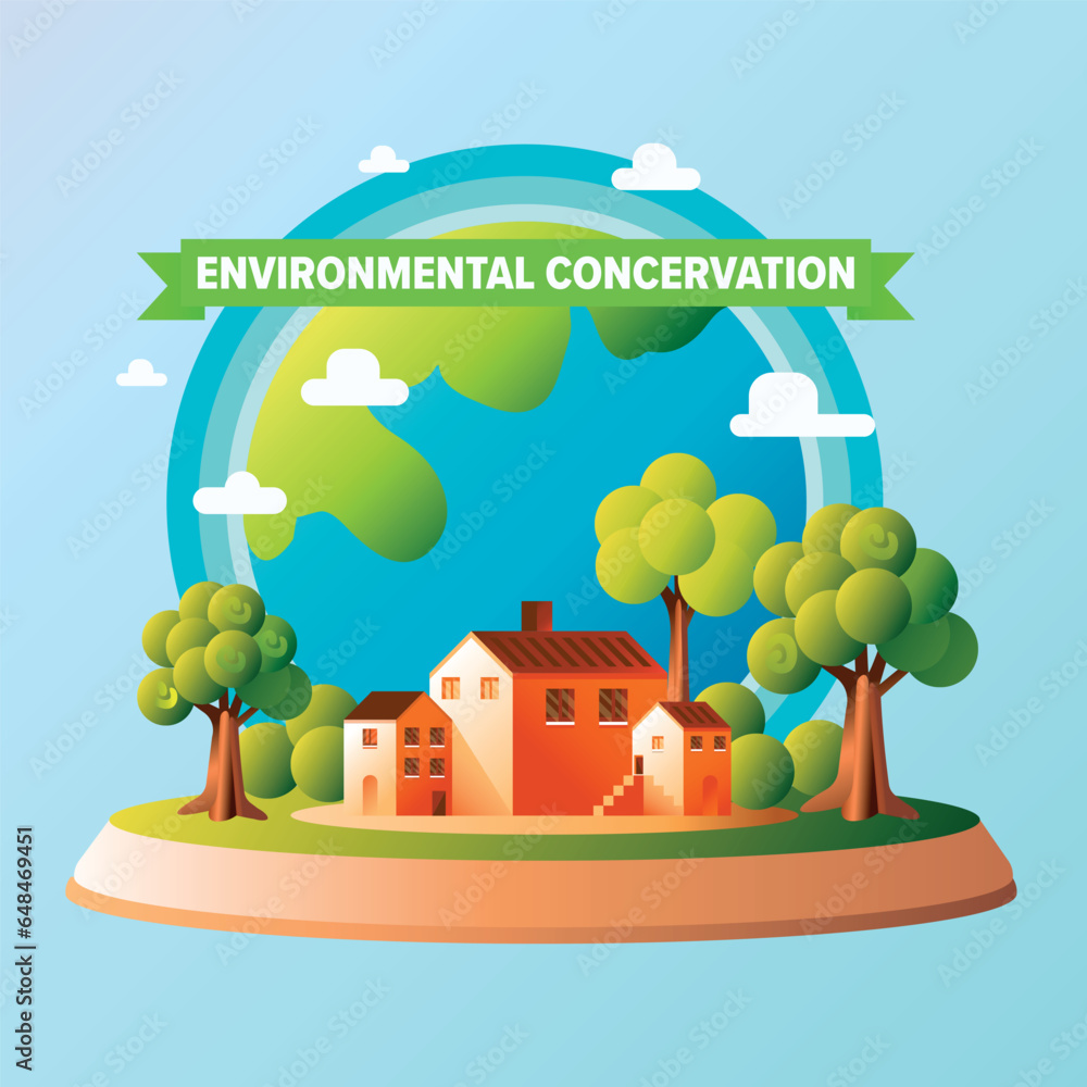 Environmental conservation banner, cartoon 3d vector village on a floating island, green trees, panet earth background with white clouds.