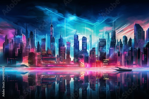 Nocturnal city skyline of advanced high-rises illuminated by neon lights in various shades of blue and pink. Generative AI © Evander