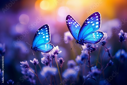 Close-up of vibrant blue wildflowers with two fluttering butterflies in a field. An enchanting and artistic image with tones of blue and purple. Generative AI © Sirius