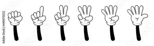 Numbers on retro cartoon fingers. Counting with hands wearing white gloves. Vector