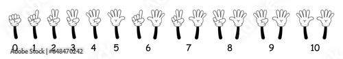 Numbers on retro cartoon fingers. Counting with hands wearing white gloves. Numbers from 1 to 10. Vector