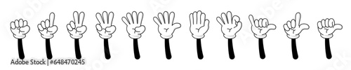 Retro cartoon hand gestures. White gloves show signs. Vector