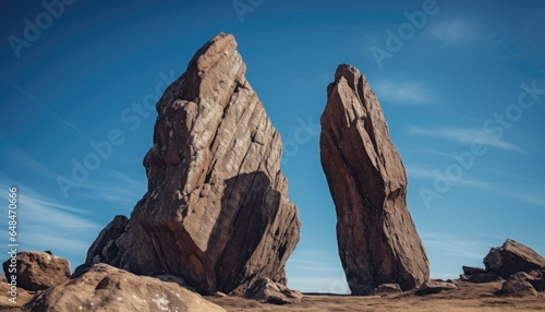 Two large rocks in the middle of a desert
