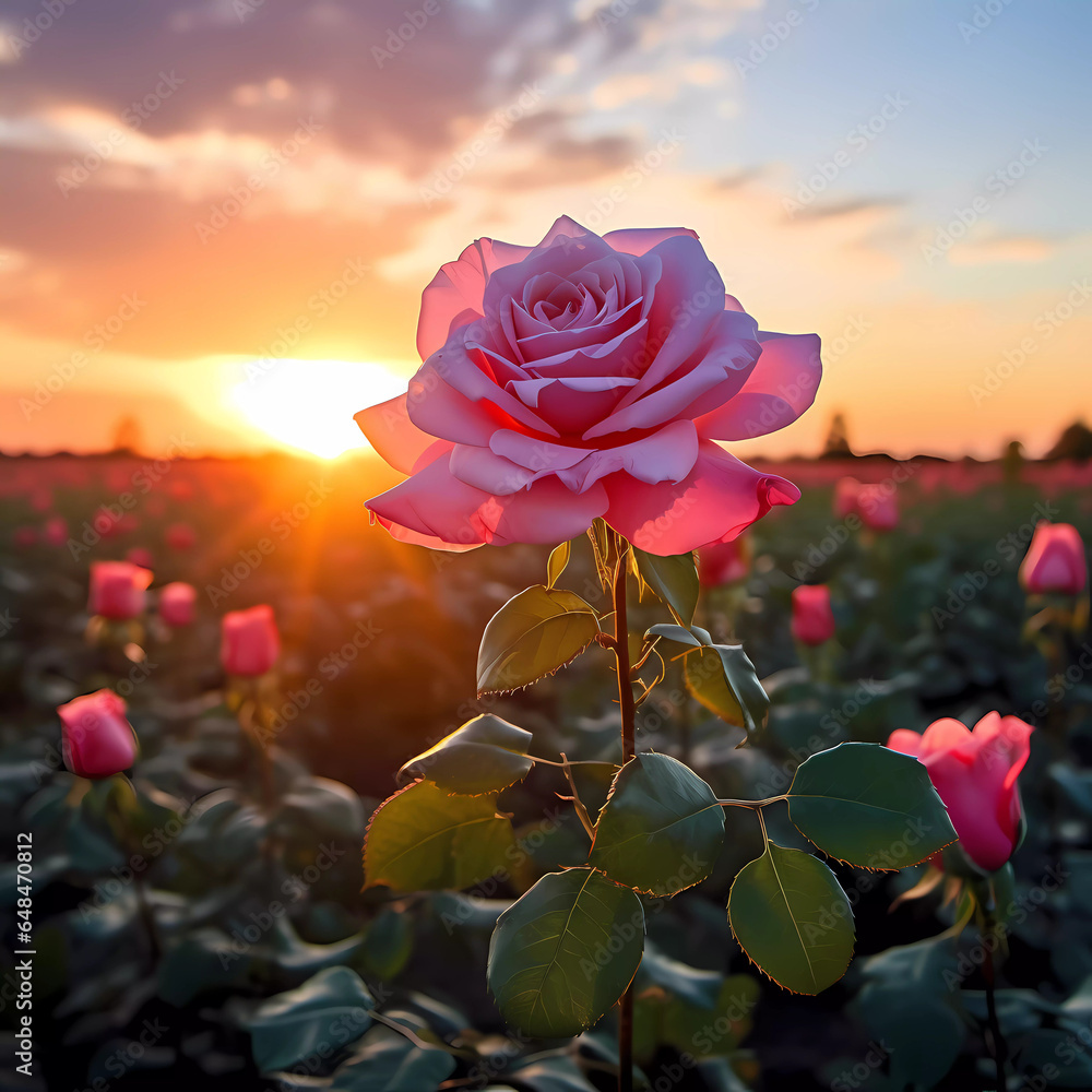 pink rose in small field with sun in background, Generative AI, Generativ, KI pink rose in small field with sun in background, Generative AI, Generativ, KI