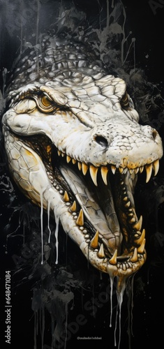 A realistic painting of a fierce crocodile with its menacing jaws wide open © pham