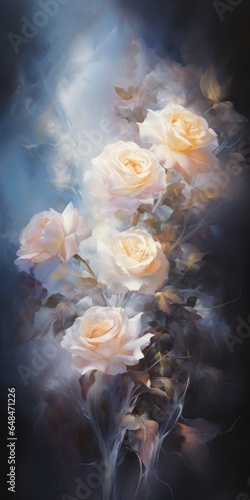 A beautiful still life painting of white roses in a vase