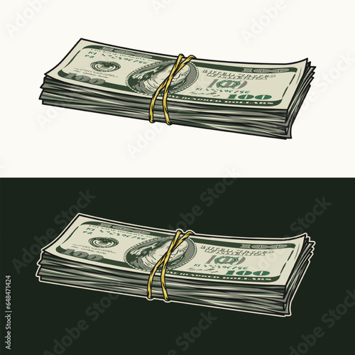 Lying wad of 100 dollar bills banded with a rubber band. Banknotes with front obverse side. Cash money. Vintage style. Detailed isolated vector illustration. Perspective side view