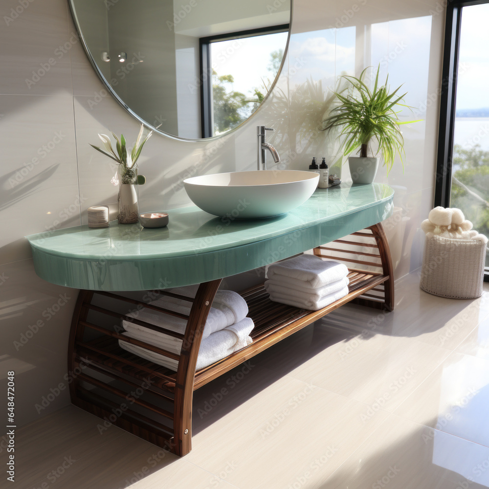 A bamboo vanity in a bathroom with a blue ceramic
A bamboo vanity in a bathroom with a blue ceramic