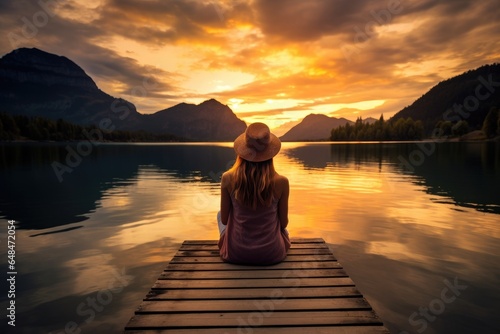 woman sits on jetty at peaceful lake at sunset