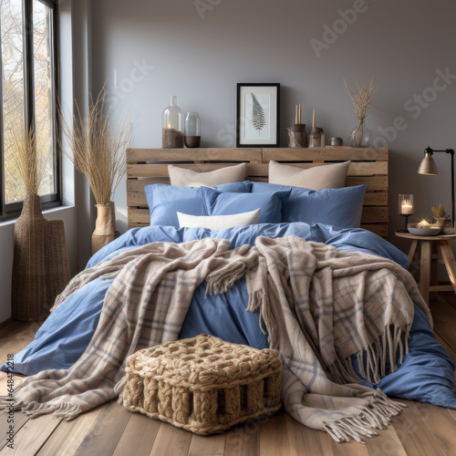  Blue blankets in a crate on wooden floor in bedroom 