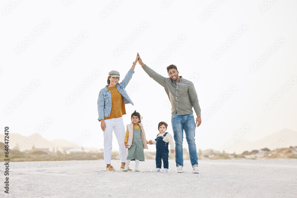 Portrait, outdoor or hands of family for insurance, care or unity for happiness, safety or covering. Interracial, parents or mom at beach with dad, children or kids for love or protection on mockup