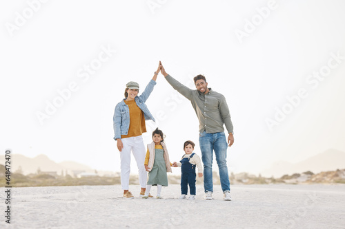 Portrait, outdoor or hands of family for insurance, care or unity for happiness, safety or covering. Interracial, parents or mom at beach with dad, children or kids for love or protection on mockup
