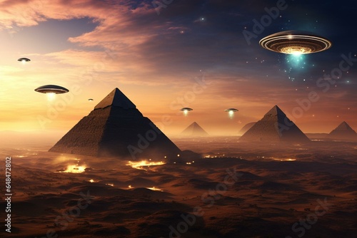 Illustration depicting pyramids of Giza with unidentified flying objects. Generative AI