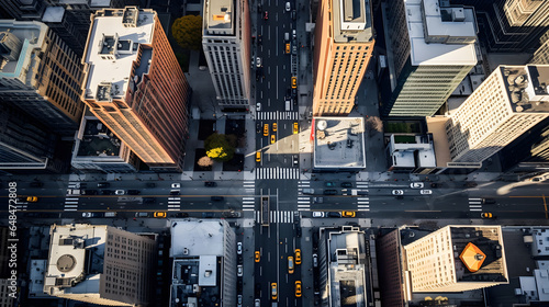 A drone's perspective of New York City, hovering above the streets and capturing a dynamic angle of iconic landmarks such as the Flatiron Building,