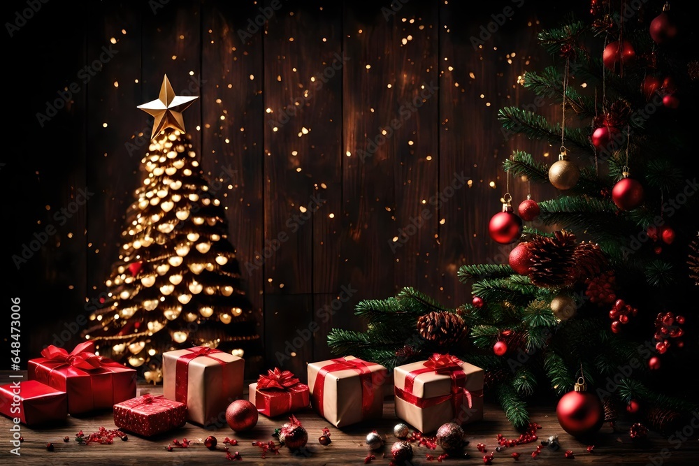Holidays background with illuminated Christmas tree, gifts and decoration. Dark wooden background with free space for text. Celebration of christmas