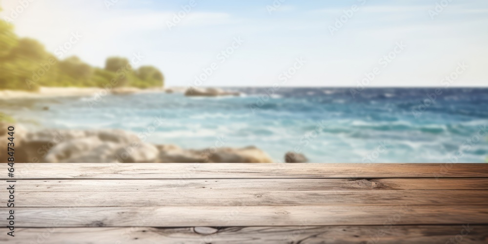 Wooden Table Atop Soft Ocean Blur Wooden Table Atop Soft Ocean Blur