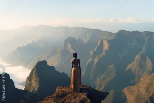 irl on mountain peak with looking at beautiful mountain, adventurous woman standing on top of peak, Girl in long white dress in the mountains