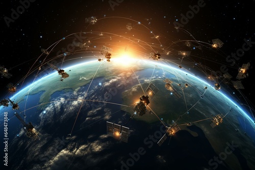Outline of multiple satellites orbiting above Earth providing internet connection, with the sun on the horizon. Generative AI photo