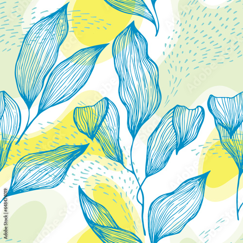 Sketch style doodle line texture leaves over stains and dots seamless vector ...