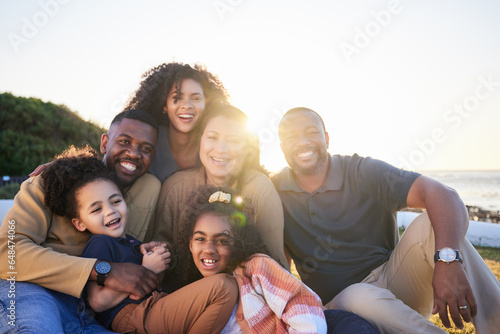 Children, parents and grandparents portrait outdoor at beach to relax for summer vacation. Happy men, women and kids or family together at sunset for holiday with love, care and fun bonding on nature