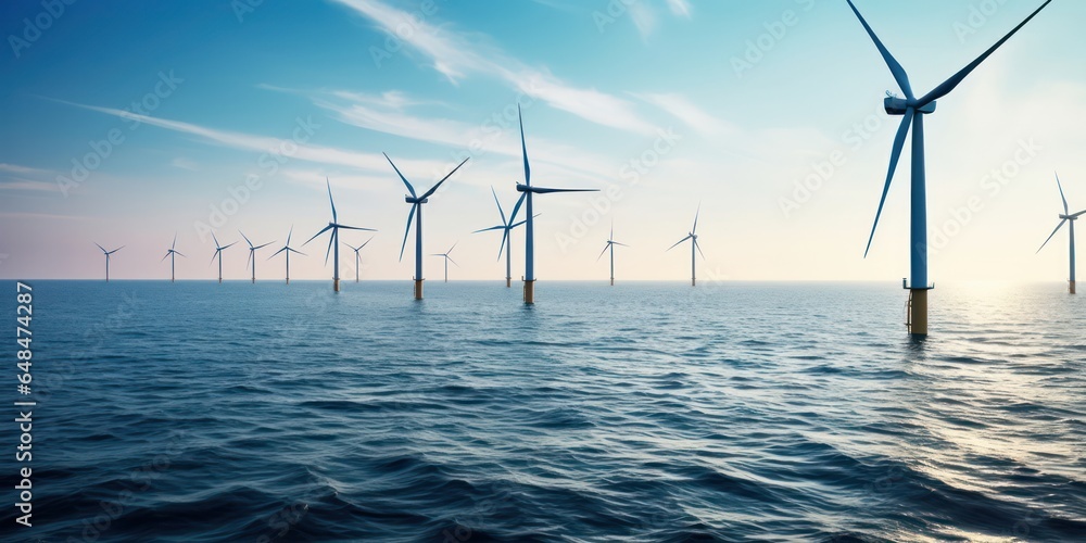 Wind turbines standing tall in the sea, powering a brighter future. - obrazy, fototapety, plakaty 