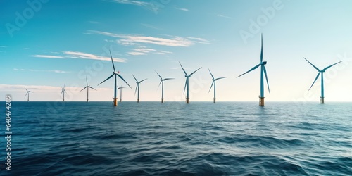 Wind turbines offshore, converting sea breeze into sustainable energy. photo
