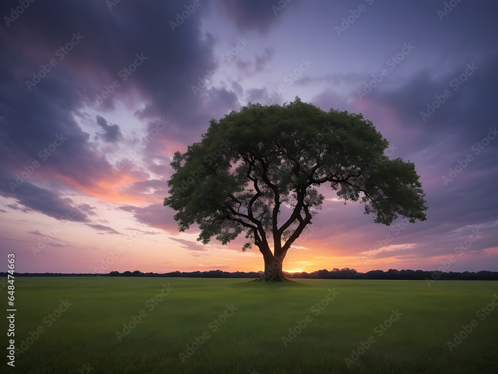 Fototapeta premium wide angle shot of a single tree growing under a clouded sky during a sunset surrounded by grass