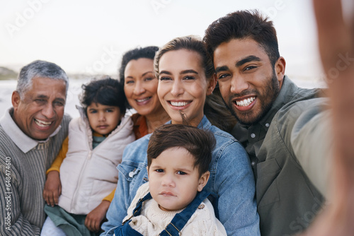 Big family selfie, beach or portrait of children in nature with grandparents on holiday vacation. Dad, siblings or happy kids bonding with mom, grandmother or grandfather in fun photograph together © Wesley JvR/peopleimages.com