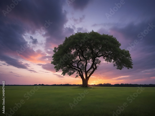 wide angle shot of a single tree growing under a clouded sky during a sunset surrounded by grass