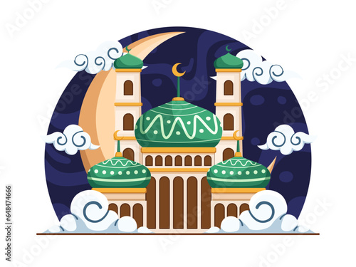 vector illustration featuring a magnificent mosque building set against a backdrop of a majestic crescent moon in the night sky.  Perfect for conveying the peacefulness of a sacred place of worship.