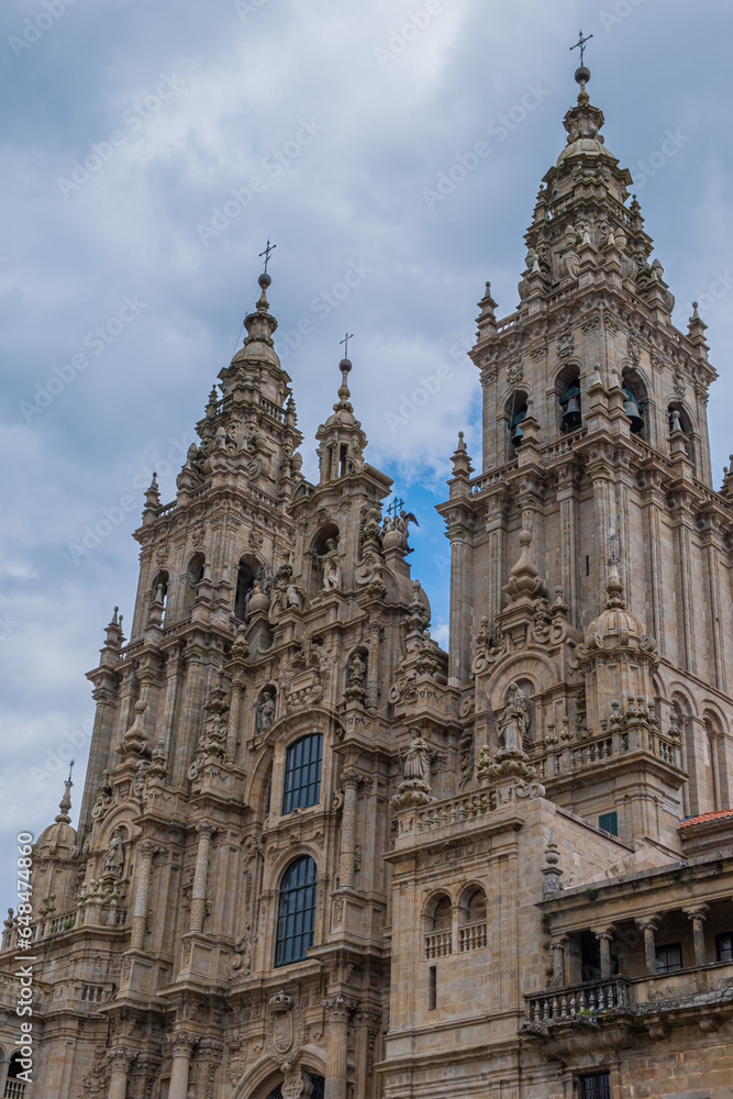 Santiago de Compostela Cathedral on a cloudy day. Facade of the Obradoiro. Galicia, Spain