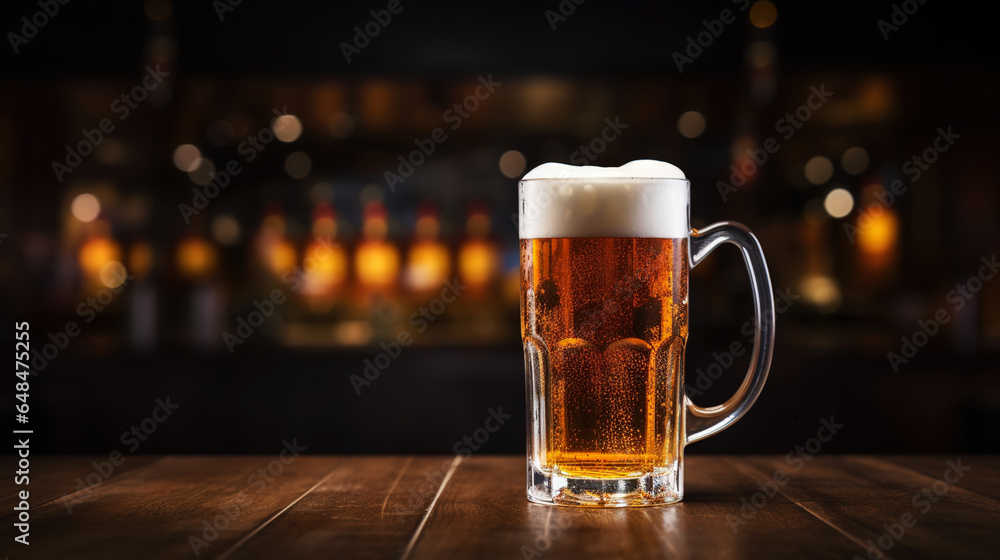 Glass mug of light beer on bar table in a dark pub with copy space. Generative AI