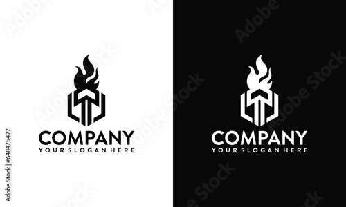 Hexagon letter T Burning Torch Fire Flame with pillar column logo design.