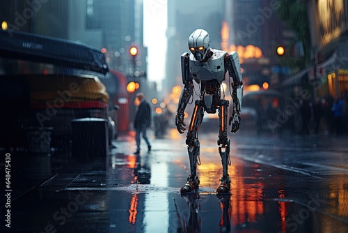 lonely robot stand in rain illustration