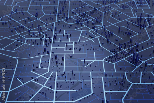 3D rendering city map illustration of a city map created using 3D modeling. Top view of Urban map with main road and sub road detailed representation of a city