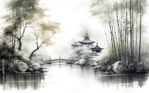 bamboo garden surrounding  pagoda chinese painting illustration
