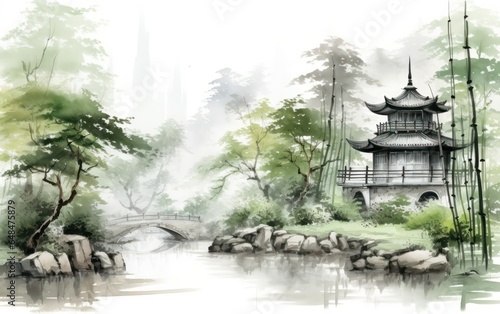 bamboo garden surrounding pagoda chinese painting illustration